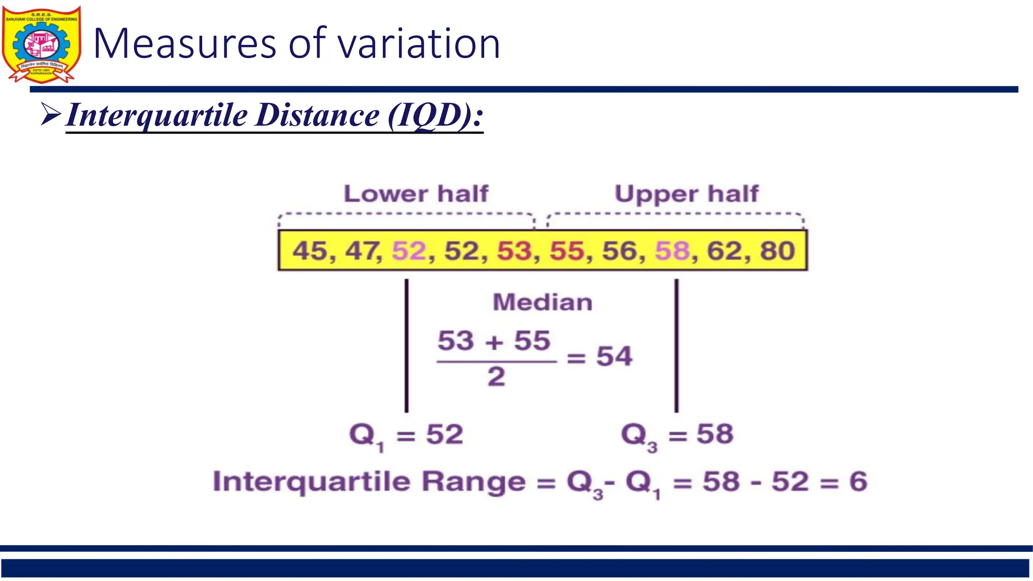 Measures of variation
Interquartile Distance (IQD):
 