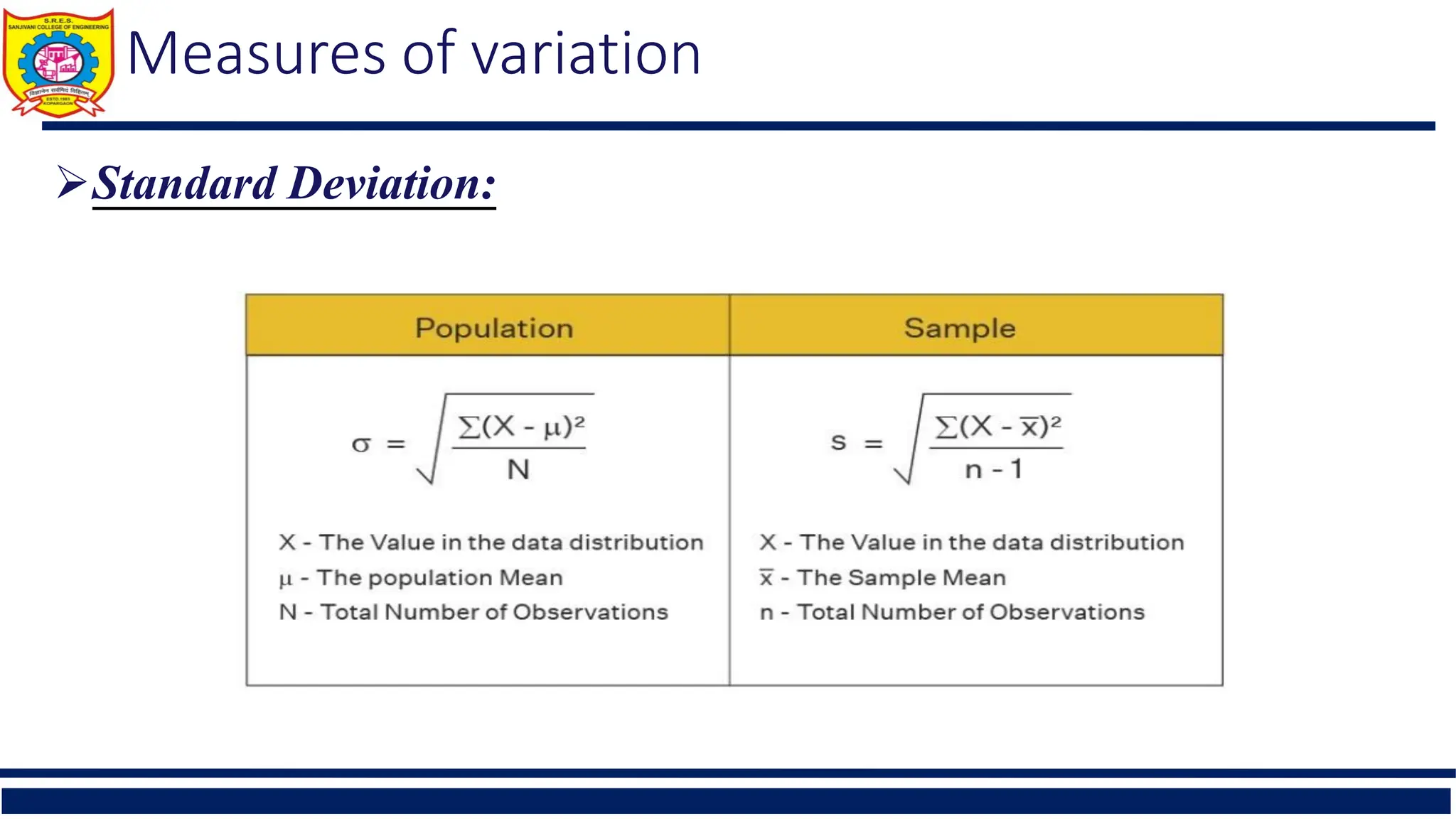 Measures of variation
Standard Deviation:
 