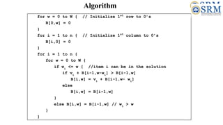 Algorithm
for w = 0 to W { // Initialize 1st
row to 0’s
B[0,w] = 0
}
for i = 1 to n { // Initialize 1st
column to 0’s
B[i,0] = 0
}
for i = 1 to n {
for w = 0 to W {
if wi
<= w { //item i can be in the solution
if vi
+ B[i-1,w-wi
] > B[i-1,w]
B[i,w] = vi
+ B[i-1,w- wi
]
else
B[i,w] = B[i-1,w]
}
else B[i,w] = B[i-1,w] // wi
> w
}
}
 