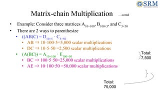 Matrix-chain Multiplication …contd
• Example: Consider three matrices A10×100
, B100×5
, and C5×50
• There are 2 ways to parenthesize
• ((AB)C) = D10×5
· C5×50
• AB ⇒ 10·100·5=5,000 scalar multiplications
• DC ⇒ 10·5·50 =2,500 scalar multiplications
• (A(BC)) = A10×100
· E100×50
• BC ⇒ 100·5·50=25,000 scalar multiplications
• AE ⇒ 10·100·50 =50,000 scalar multiplications
Total:
7,500
Total:
75,000
 