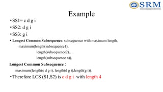 Example
•SS1= c d g i
•SS2: d g i
•SS3: g i
• Longest Common Subsequence: subsequence with maximum length.
maximum(length(subsequence1),
length(subsequence2)….
length(subsequence n)).
Longest Common Subsequence :
maximum(length(c d g i), length(d g i),length(g i)).
•Therefore LCS (S1,S2) is c d g i with length 4
 