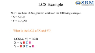 LCS Example
We’ll see how LCS algorithm works on the following example:
•X = ABCB
•Y = BDCAB
LCS(X, Y) = BCB
X = A B C B
Y = B D C A B
What is the LCS of X and Y?
 