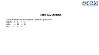 HOME ASSIGNMENT:
Construct the Optimal Binary Search Tree for the given values
Node No : 0 1 2 3
Nodes : 10 12 16 21
Freq : 4 2 6 3
 