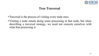 61
Tree Traversal
•Traversal is the process of visiting every node once
•Visiting a node entails doing some processing at that node, but when
describing a traversal strategy, we need not concern ourselves with
what that processing is
 