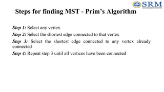 Steps for finding MST - Prim’s Algorithm
Step 1: Select any vertex
Step 2: Select the shortest edge connected to that vertex
Step 3: Select the shortest edge connected to any vertex already
connected
Step 4: Repeat step 3 until all vertices have been connected
 