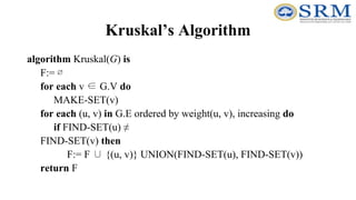 Kruskal’s Algorithm
algorithm Kruskal(G) is
F:= ∅
for each v ∈ G.V do
MAKE-SET(v)
for each (u, v) in G.E ordered by weight(u, v), increasing do
if FIND-SET(u) ≠
FIND-SET(v) then
F:= F ∪ {(u, v)} UNION(FIND-SET(u), FIND-SET(v))
return F
 