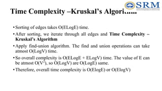 Time Complexity –Kruskal’s Algorithm
•Sorting of edges takes O(ELogE) time.
•After sorting, we iterate through all edges and Time Complexity –
Kruskal’s Algorithm
•Apply find-union algorithm. The find and union operations can take
atmost O(LogV) time.
•So overall complexity is O(ELogE + ELogV) time. The value of E can
be atmost O(V2
), so O(LogV) are O(LogE) same.
•Therefore, overall time complexity is O(ElogE) or O(ElogV)
 