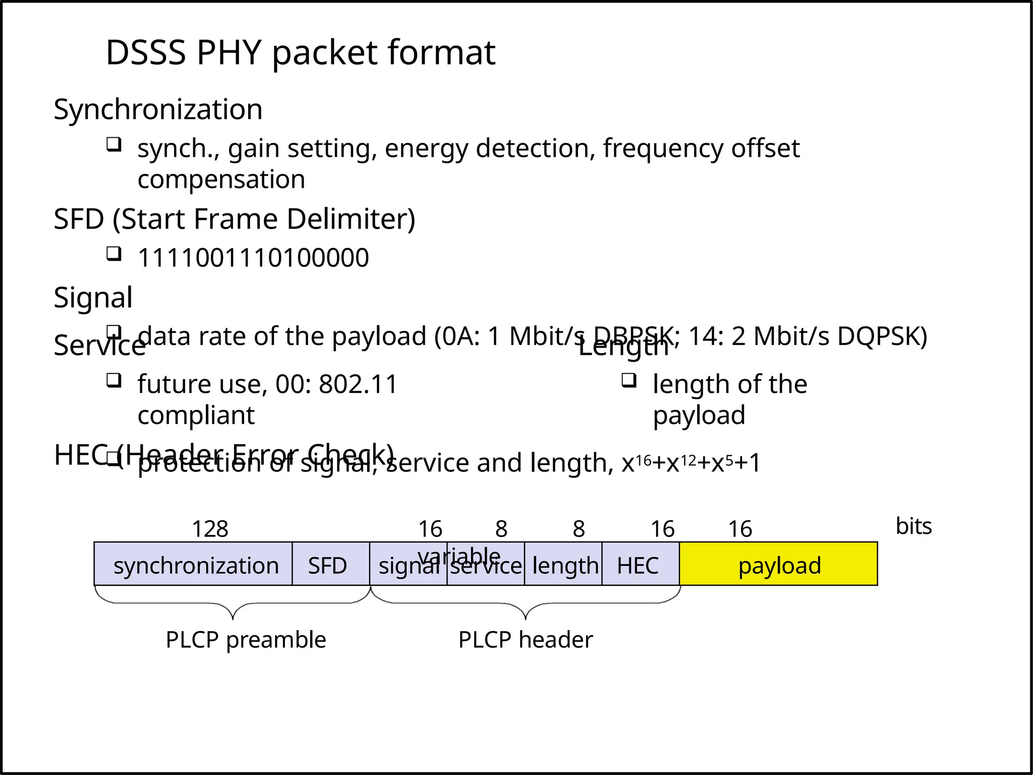 DSSS PHY packet format
PLCP preamble PLCP header
bits
synchronization SFD signal service length HEC payload
Synchronization
 synch., gain setting, energy detection, frequency offset
compensation
SFD (Start Frame Delimiter)
 1111001110100000
Signal
 data rate of the payload (0A: 1 Mbit/s DBPSK; 14: 2 Mbit/s DQPSK)
Length
 length of the
payload
Service
 future use, 00: 802.11
compliant
HEC (Header Error Check)
 protection of signal, service and length, x16+x12+x5+1
128 16 8 8 16 16
variable
 
