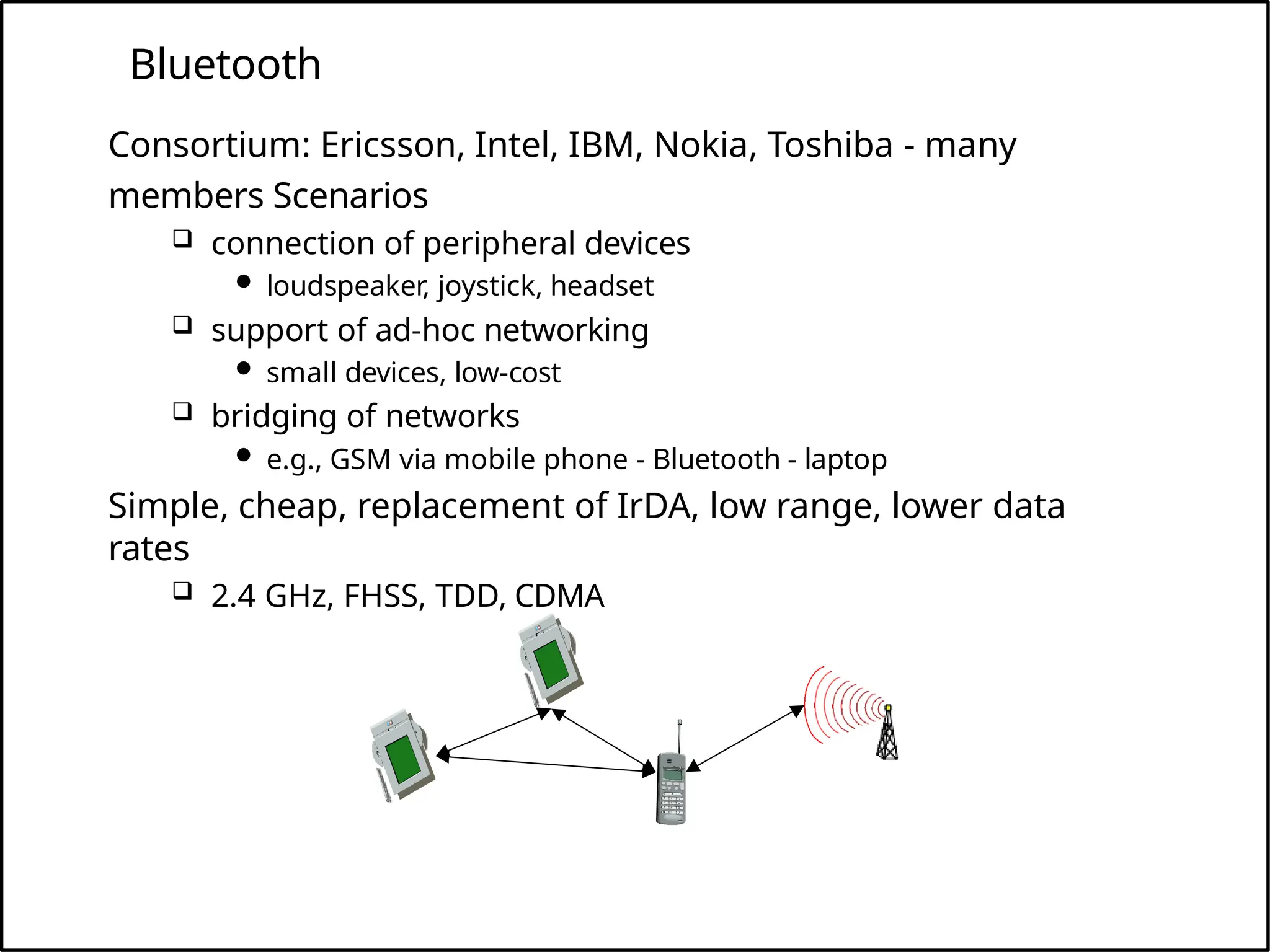 Bluetooth
Consortium: Ericsson, Intel, IBM, Nokia, Toshiba - many
members Scenarios
 connection of peripheral devices
 loudspeaker, joystick, headset
 support of ad-hoc networking
 small devices, low-cost
 bridging of networks
 e.g., GSM via mobile phone - Bluetooth - laptop
Simple, cheap, replacement of IrDA, low range, lower data
rates
 2.4 GHz, FHSS, TDD, CDMA
 