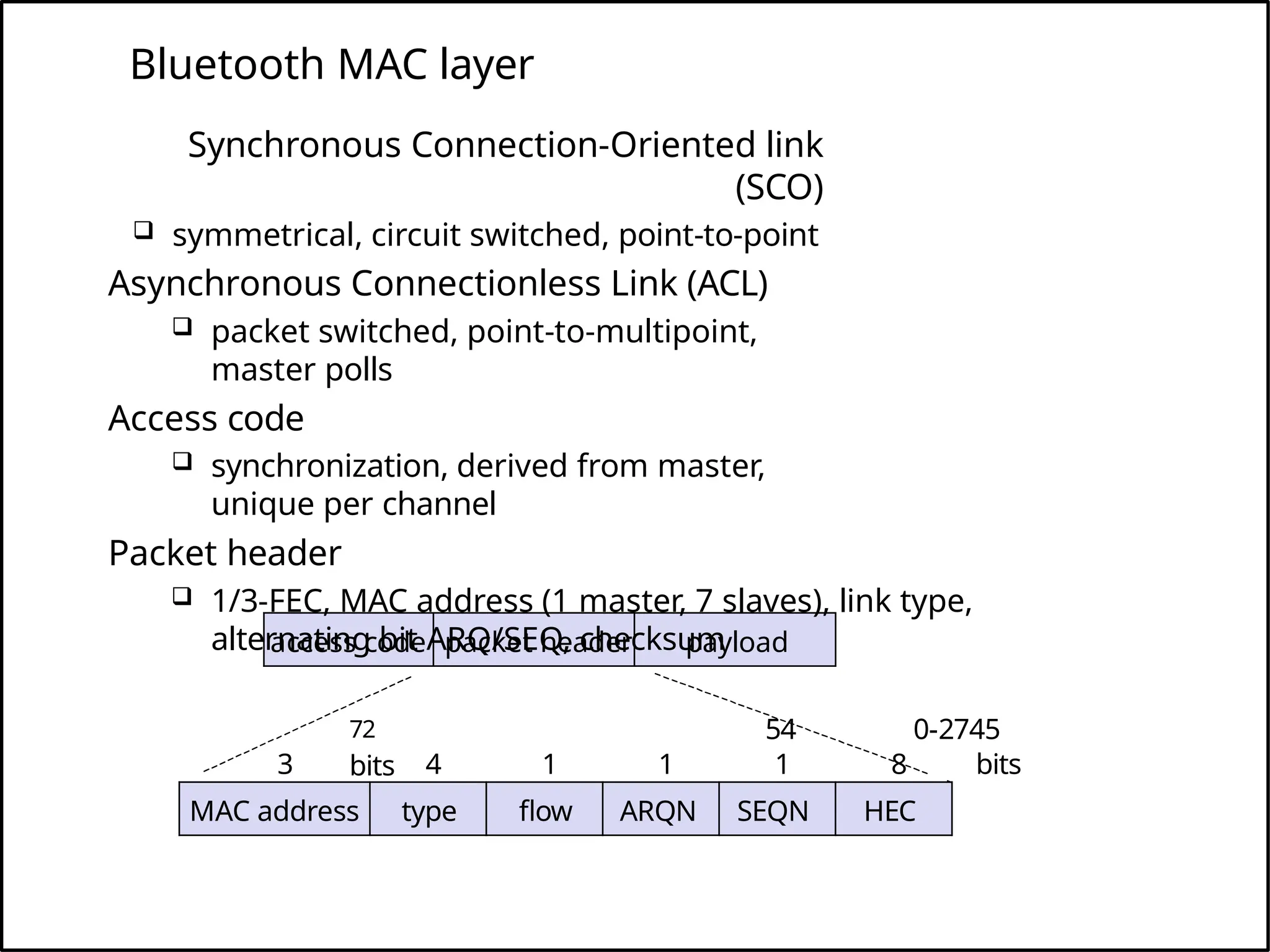 Bluetooth MAC layer
access code packet header payload
MAC address type flow ARQN SEQN HEC
3 4 1 1 1 8 bits
Synchronous Connection-Oriented link
(SCO)
 symmetrical, circuit switched, point-to-point
Asynchronous Connectionless Link (ACL)
 packet switched, point-to-multipoint,
master polls
Access code
 synchronization, derived from master,
unique per channel
Packet header
 1/3-FEC, MAC address (1 master, 7 slaves), link type,
alternating bit ARQ/SEQ, checksum
72 54 0-2745
bits
 