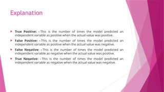 Explanation
 True Positive: - This is the number of times the model predicted an
independent variable as positive when the actual value was positive.
 False Positive: - This is the number of times the model predicted an
independent variable as positive when the actual value was negative.
 False Negative: - This is the number of times the model predicted an
independent variable as negative when the actual value was positive.
 True Negative: - This is the number of times the model predicted an
independent variable as negative when the actual value was negative.
 