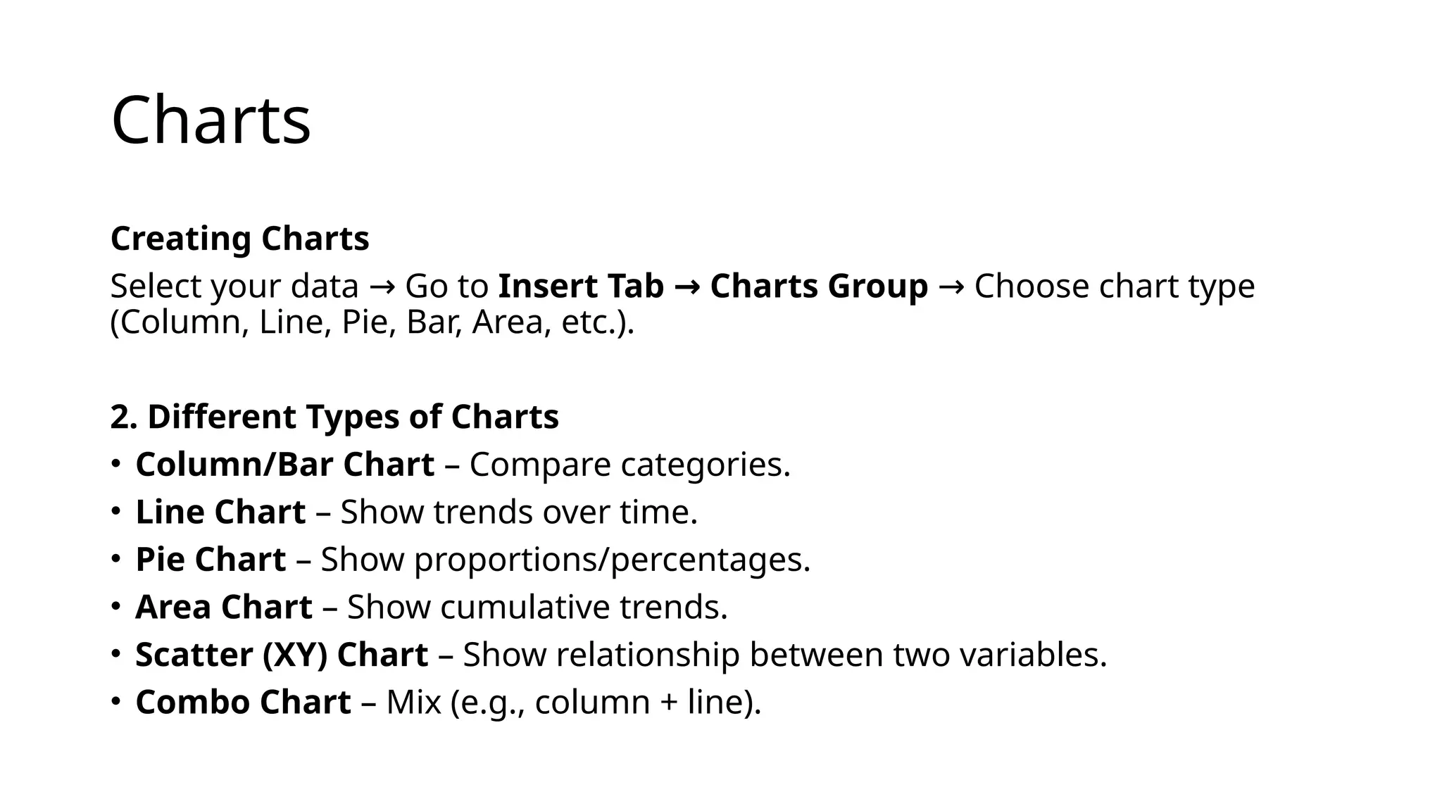 Charts
Creating Charts
Select your data Go to
→ Insert Tab Charts Group
→ Choose chart type
→
(Column, Line, Pie, Bar, Area, etc.).
2. Different Types of Charts
• Column/Bar Chart – Compare categories.
• Line Chart – Show trends over time.
• Pie Chart – Show proportions/percentages.
• Area Chart – Show cumulative trends.
• Scatter (XY) Chart – Show relationship between two variables.
• Combo Chart – Mix (e.g., column + line).
 