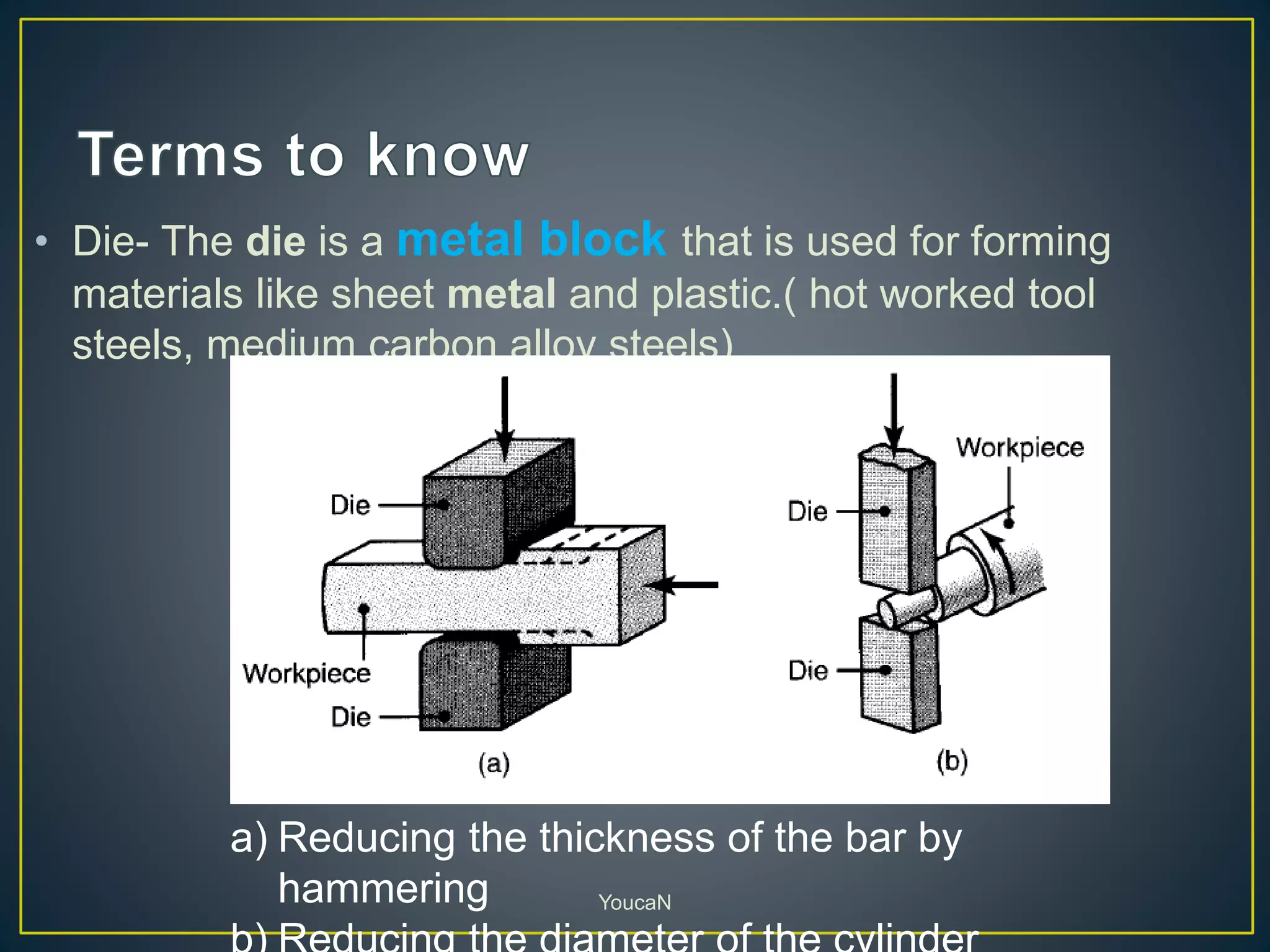 • Die- The die is a metal block that is used for forming
materials like sheet metal and plastic.( hot worked tool
steels, medium carbon alloy steels)
a) Reducing the thickness of the bar by
hammering YoucaN
 