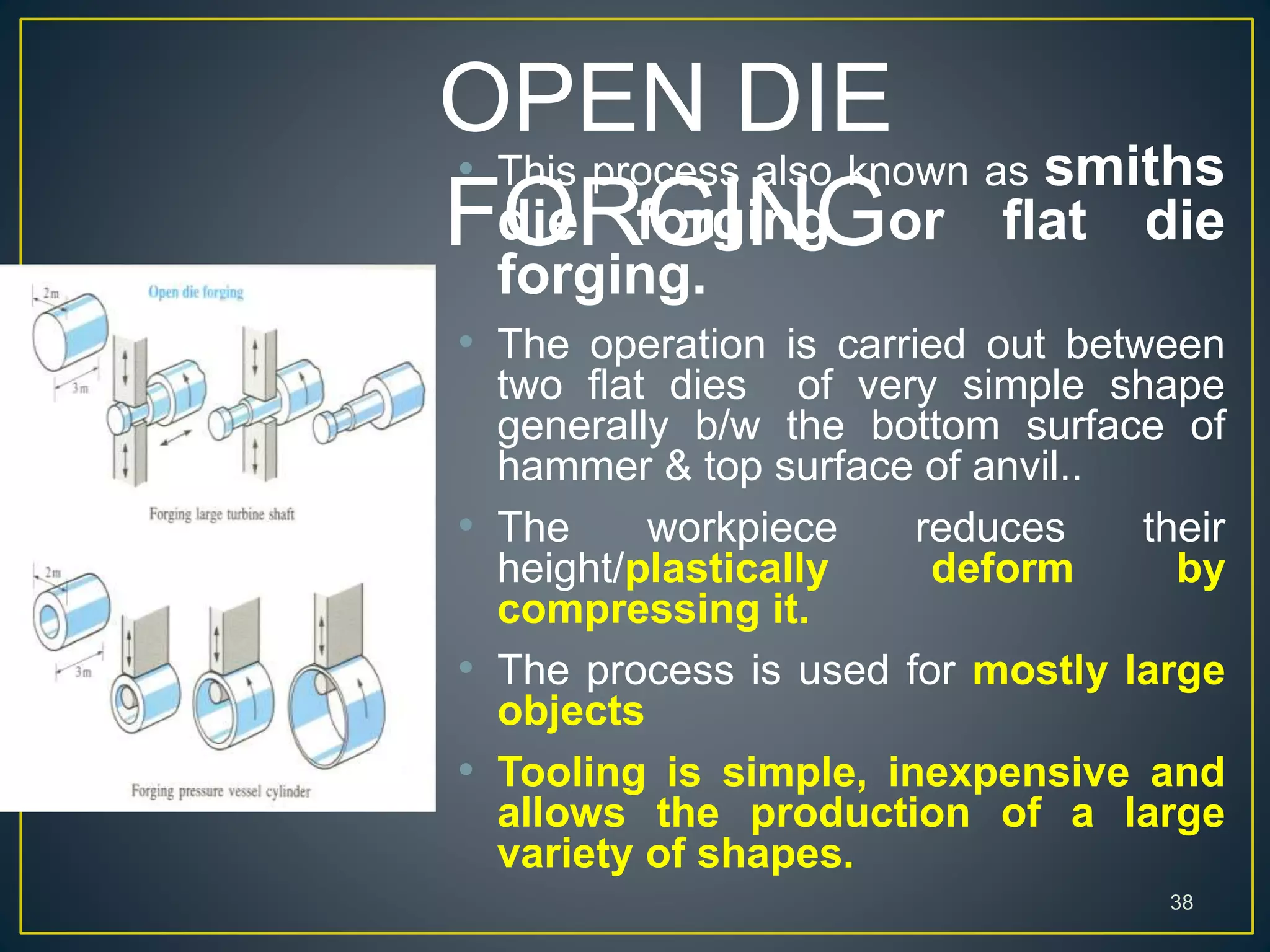 OPEN DIE
FORGING
38
• This process also known as smiths
die forging or flat die
forging.
• The operation is carried out between
two flat dies of very simple shape
generally b/w the bottom surface of
hammer & top surface of anvil..
• The workpiece reduces their
height/plastically deform by
compressing it.
• The process is used for mostly large
objects
• Tooling is simple, inexpensive and
allows the production of a large
variety of shapes.
 