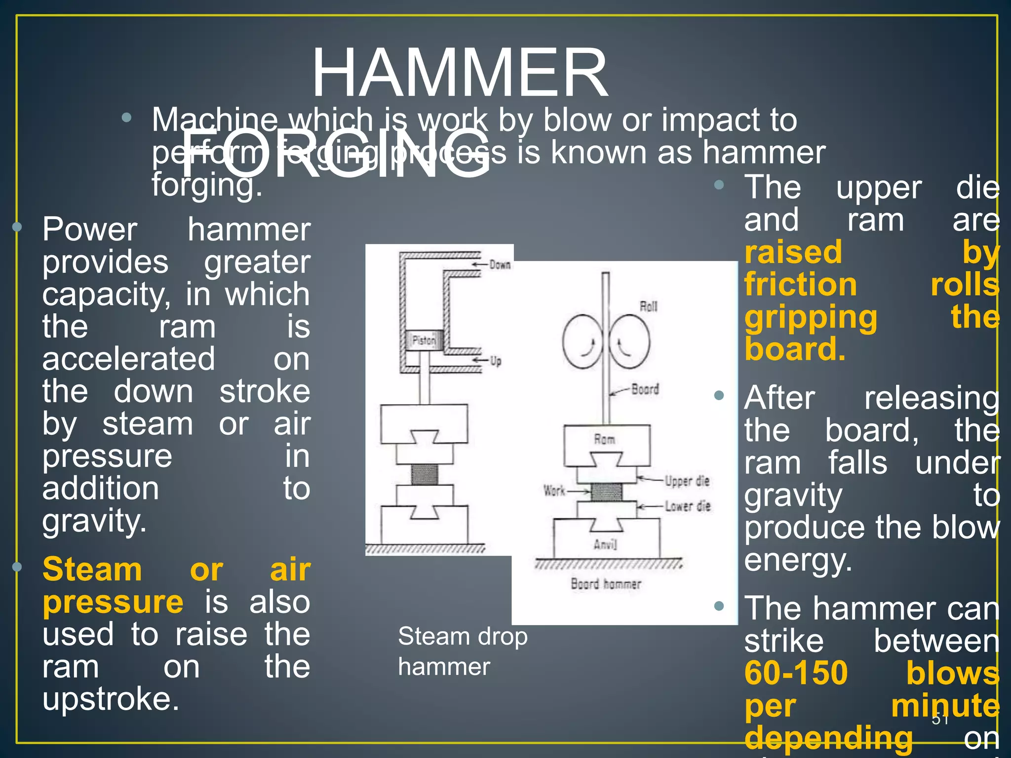 HAMMER
FORGING
51
• Machine which is work by blow or impact to
perform forging process is known as hammer
forging.
Steam drop
hammer
•
• Power hammer
provides greater
capacity, in which
the ram is
accelerated on
the down stroke
by steam or air
pressure in
addition to
gravity.
• Steam or air
pressure is also
used to raise the
ram on the
upstroke.
• The upper die
and ram are
raised by
friction rolls
gripping the
board.
• After releasing
the board, the
ram falls under
gravity to
produce the blow
energy.
• The hammer can
strike between
60-150 blows
per minute
depending on
 