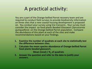 A practical activity:	You are a part of the Orange-bellied Parrot recovery team and are required to conduct field surveys to provide biodiversity information on three sites that a new coastal housing development is proposed on.  You conduct your survey using line transects . Your survey must consider the impact  on food plants Beaded Glasswort (Sarcocorniaquinqueflora) on the Orange-bellied Parrot population.  Compare the abundance of this plant at each of the sites and make recommendations based on your findings.Examine the number of quadrats at each site to statistically test the difference between sites.Calculate the mean species abundance of Orange-bellied Parrot food plants beaded glasswort.			Mean (total) / No of quadrats3. 	Answer the question and refer to the data to justify your answers.