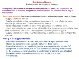 Distribution of IncomeEvaluating Taxes and Income Re-DistributionSupply-side (Neo-classical) vs Demand-side (Keynesian) views: Not surprisingly, the different schools of economic thought have different views on the role taxes should play in the economy.Supply-side argument: Low taxes are necessary to assure an incentive to work, invest, and save.·Supply-siders are anti-tax·Supply-siders believe that taxes discourage productivity and efficiency, since workers get to save less of their hard-earned income.·Taxes discourage investment since firms get to keep less of their profit.·Lower motivation to work and invest will lead to slow increases in productivity, thus stifle the outward shift of AS, keeping prices high and growth sluggish.·Supply-siders believe that lower tax rates may, in some cases, lead to higher tax revenues.History of the supply-side view:·Promoted by economist Arthur Laffer, worked for Regan administration.·Regan cut personal income taxes by 25% over three years·Lower tax rates tend to result in higher tax revenues only after about a 5-6 year period. In other words, the tax cuts themselves probably don't account for the increases in revenue, rather a combination of demand-side effects of the tax cut and increases in productivity and output due to new technologies.