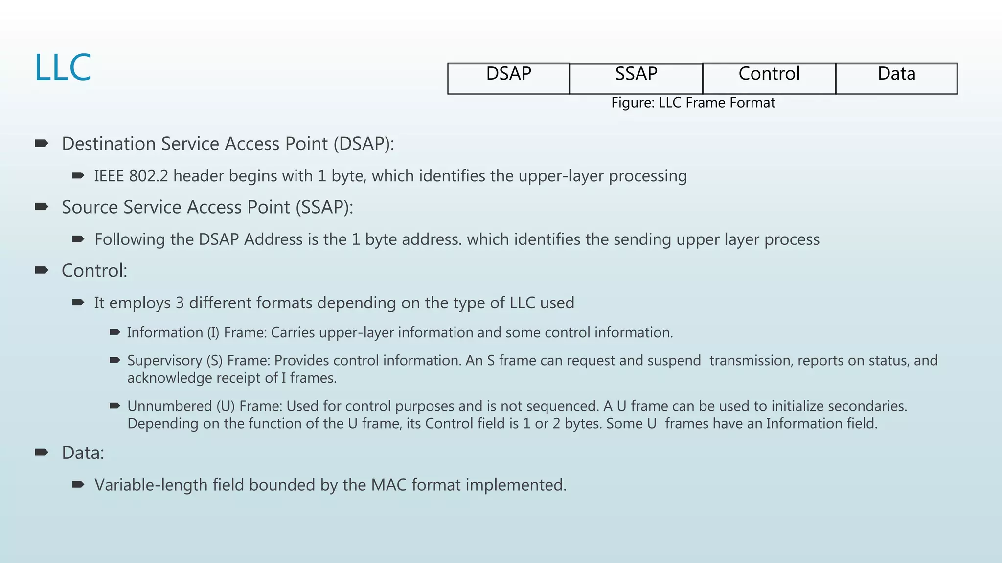 LLC
 Destination Service Access Point (DSAP):
 IEEE 802.2 header begins with 1 byte, which identifies the upper-layer processing
 Source Service Access Point (SSAP):
 Following the DSAP Address is the 1 byte address. which identifies the sending upper layer process
 Control:
 It employs 3 different formats depending on the type of LLC used
 Information (I) Frame: Carries upper-layer information and some control information.
 Supervisory (S) Frame: Provides control information. An S frame can request and suspend transmission, reports on status, and
acknowledge receipt of I frames.
 Unnumbered (U) Frame: Used for control purposes and is not sequenced. A U frame can be used to initialize secondaries.
Depending on the function of the U frame, its Control field is 1 or 2 bytes. Some U frames have an Information field.
 Data:
 Variable-length field bounded by the MAC format implemented.
DSAP SSAP Control Data
Figure: LLC Frame Format
 