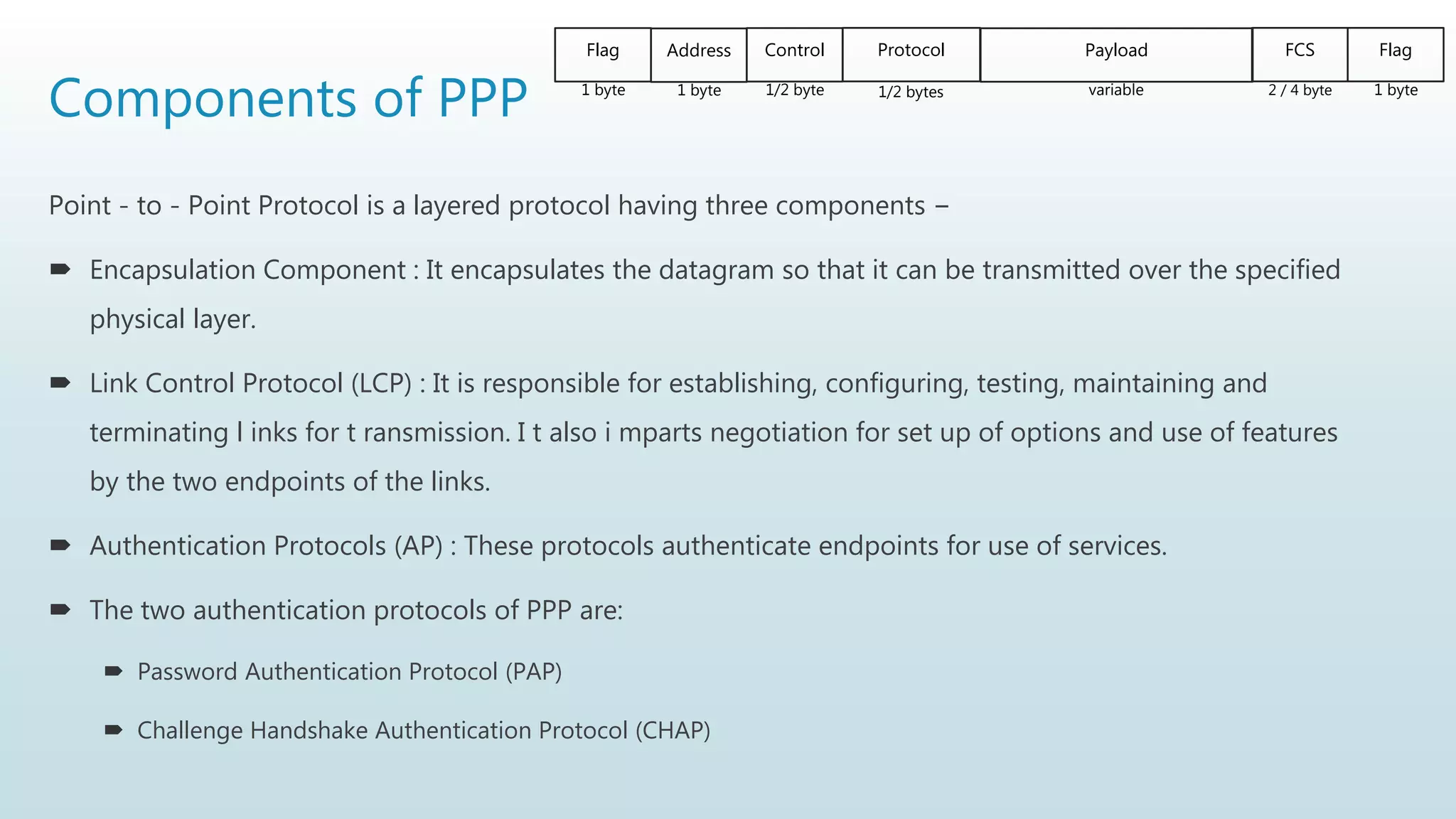 Components of PPP
Point - to - Point Protocol is a layered protocol having three components −
 Encapsulation Component : It encapsulates the datagram so that it can be transmitted over the specified
physical layer.
 Link Control Protocol (LCP) : It is responsible for establishing, configuring, testing, maintaining and
terminating l inks for t ransmission. I t also i mparts negotiation for set up of options and use of features
by the two endpoints of the links.
 Authentication Protocols (AP) : These protocols authenticate endpoints for use of services.
 The two authentication protocols of PPP are:
 Password Authentication Protocol (PAP)
 Challenge Handshake Authentication Protocol (CHAP)
Flag Address Control Protocol FCS Flag
1 byte 1 byte 1/2 byte variable 2 / 4 byte 1 byte
Payload
1/2 bytes
 