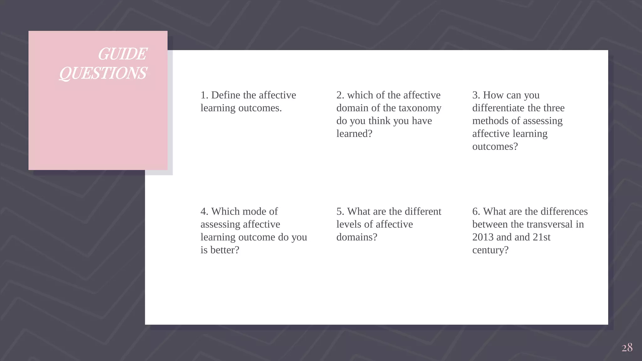 GUIDE
QUESTIONS
1. Define the affective
learning outcomes.
2. which of the affective
domain of the taxonomy
do you think you have
learned?
3. How can you
differentiate the three
methods of assessing
affective learning
outcomes?
4. Which mode of
assessing affective
learning outcome do you
is better?
5. What are the different
levels of affective
domains?
6. What are the differences
between the transversal in
2013 and and 21st
century?
28
 