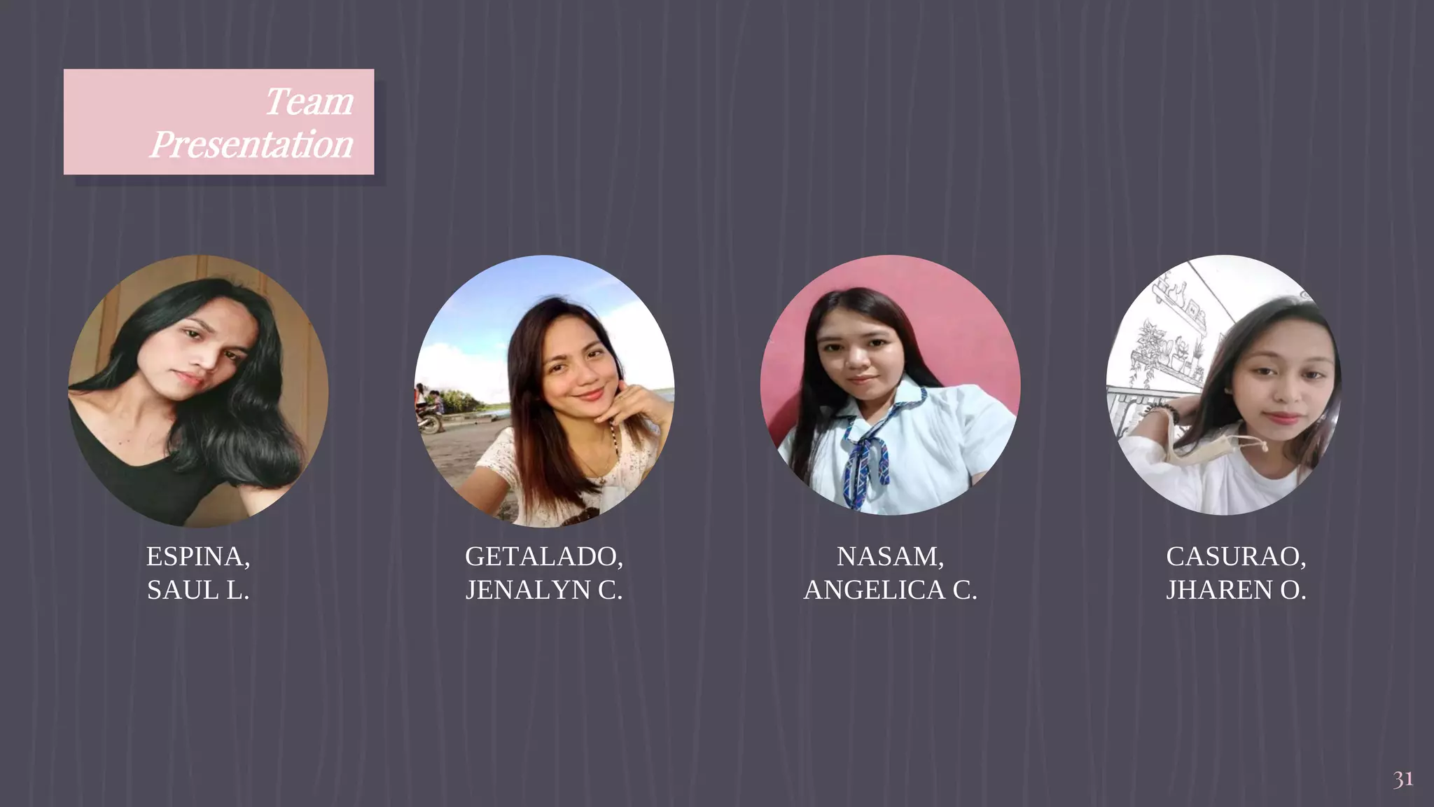 Team
Presentation
31
ESPINA,
SAUL L.
GETALADO,
JENALYN C.
NASAM,
ANGELICA C.
CASURAO,
JHAREN O.
 