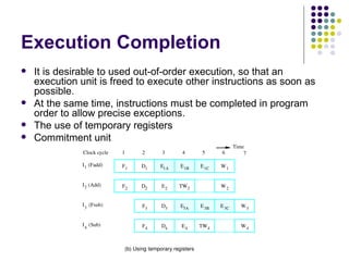 Execution Completion
   It is desirable to used out-of-order execution, so that an
    execution unit is freed to execute other instructions as soon as
    possible.
   At the same time, instructions must be completed in program
    order to allow precise exceptions.
   The use of temporary registers
   Commitment unit
                                                                            Time
               Clock cycle   1       2       3        4       5      6          7

               I 1  (Fadd)   F1     D1      E1A      E 1B     E 1C   W1


               I 2  (Add)    F2     D2       E2     TW2              W2


               I 3  (Fsub)           F3      D3      E3A      E 3B   E 3C      W3


               I 4  (Sub)            F4      D4      E4       TW4              W4



                              (b) Using temporary registers
 