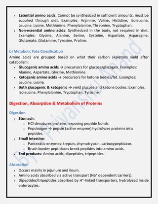  Essential amino acids: Cannot be synthesized in sufficient amounts, must be
supplied through diet. Examples: Arginine, Valine, Histidine, Isoleucine,
Leucine, Lysine, Methionine, Phenylalanine, Threonine, Tryptophan.
 Non-essential amino acids: Synthesized in the body, not required in diet.
Examples: Glycine, Alanine, Serine, Cysteine, Aspartate, Asparagine,
Glutamate, Glutamine, Tyrosine, Proline.
b) Metabolic Fate Classification
Amino acids are grouped based on what their carbon skeletons yield after
catabolism:
 Glucogenic amino acids → precursors for glucose/glycogen. Examples:
Alanine, Aspartate, Glycine, Methionine.
 Ketogenic amino acids → precursors for ketone bodies/fat. Examples:
Leucine, Lysine.
 Both glucogenic & ketogenic → yield glucose and ketone bodies. Examples:
Isoleucine, Phenylalanine, Tryptophan, Tyrosine.
Digestion, Absorption & Metabolism of Proteins
Digestion
 Stomach:
o HCl denatures proteins, exposing peptide bonds.
o Pepsinogen → pepsin (active enzyme) hydrolyzes proteins into
peptides.
 Small intestine:
o Pancreatic enzymes: trypsin, chymotrypsin, carboxypeptidase.
o Brush border peptidases break peptides into amino acids.
 End products: Amino acids, dipeptides, tripeptides.
Absorption
 Occurs mainly in jejunum and ileum.
 Amino acids absorbed via active transport (Na⁺ dependent carriers).
 Dipeptides/tripeptides absorbed by H⁺-linked transporters, hydrolyzed inside
enterocytes.
 