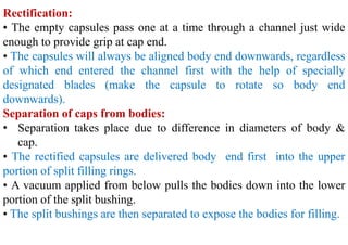 Rectification:
• The empty capsules pass one at a time through a channel just wide
enough to provide grip at cap end.
• The capsules will always be aligned body end downwards, regardless
of which end entered the channel first with the help of specially
designated blades (make the capsule to rotate so body end
downwards).
Separation of caps from bodies:
• Separation takes place due to difference in diameters of body &
cap.
• The rectified capsules are delivered body end first into the upper
portion of split filling rings.
• A vacuum applied from below pulls the bodies down into the lower
portion of the split bushing.
• The split bushings are then separated to expose the bodies for filling.
 