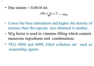 • One minim = 0.0616 ml.
• Lower the base adsorption and higher the density of
mixture then the capsule size obtained is smaller.
• M/g factor is used in vitamins filling which contain
numerous ingredients and combinations.
• PEG 4000 and 6000, Ethyl cellulose are used as
suspending agents.
 