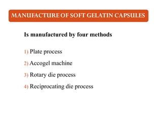 Is manufactured by four methods
1) Plate process
2) Accogel machine
3) Rotary die process
4) Reciprocating die process
 