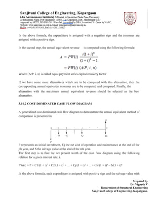 Prepared by
Dr. Vignesh V
Department of Structural Engineering
Sanjivani College of Engineering, Kopargaon.
In the above formula, the expenditure is assigned with a negative sign and the revenues are
assigned with a positive sign.
In the second step, the annual equivalent revenue is computed using the following formula:
Where (A/P, i, n) is called equal payment series capital recovery factor.
If we have some more alternatives which are to be compared with this alternative, then the
corresponding annual equivalent revenues are to be computed and compared. Finally, the
alternative with the maximum annual equivalent revenue should be selected as the best
alternative.
3.10.2 COST-DOMINATED CASH FLOW DIAGRAM
A generalized cost-dominated cash flow diagram to demonstrate the annual equivalent method of
comparison is presented in
P represents an initial investment, Cj the net cost of operation and maintenance at the end of the
jth year, and S the salvage value at the end of the nth year.
The first step is to find the net present worth of the cash flow diagram using the following
relation for a given interest rate, i.
PW(i) = P + C1/(1 + i)1
+ C2/(1 + i)2
+ ... + Cj/(1 + i) j
+ ... + Cn/(1 + i)n
– S/(1 + i)n
In the above formula, each expenditure is assigned with positive sign and the salvage value with
 