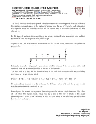 Prepared by
Dr. Vignesh V
Department of Structural Engineering
Sanjivani College of Engineering, Kopargaon.
3.11. RATE OF RETURN METHOD
The rate of return of a cash flow pattern is the interest rate at which the present worth of that cash
flow pattern reduces to zero. In this method of comparison, the rate of return for each alternative
is computed. Then the alternative which has the highest rate of return is selected as the best
alternative.
In this type of analysis, the expenditures are always assigned with a negative sign and the
revenues/inflows are assigned with a positive sign.
A generalized cash flow diagram to demonstrate the rate of return method of comparison is
presented in
In the above cash flow diagram, P represents an initial investment, Rj the net revenue at the end
of the jth year, and S the salvage value at the end of the nth year.
The first step is to find the net present worth of the cash flow diagram using the following
expression at a given interest rate, i.
PW(i) = – P + R1/(1 + i)1
+ R2/(1 + i)2
+ ... + Rj/(1 + i) j
+ ... + Rn/(1 + i)n
+ S/(1 + i)n
Now, the above function is to be evaluated for different values of i until the present worth
function reduces to zero, as shown in Fig.
In the figure, the present worth goes on decreasing when the interest rate is increased. The value
of i at which the present worth curve cuts the X-axis is the rate of return of the given
proposal/project. It will be very difficult to find the exact value of i at which the present worth
function reduces to zero.
 