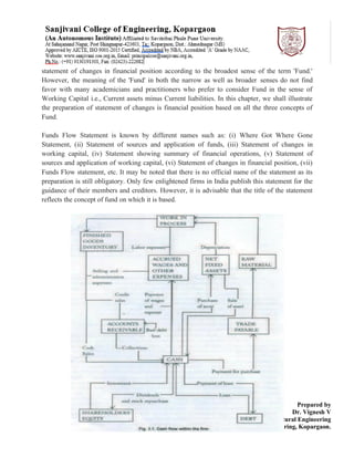 Prepared by
Dr. Vignesh V
Department of Structural Engineering
Sanjivani College of Engineering, Kopargaon.
statement of changes in financial position according to the broadest sense of the term 'Fund.'
However, the meaning of the 'Fund' in both the narrow as well as broader senses do not find
favor with many academicians and practitioners who prefer to consider Fund in the sense of
Working Capital i.e., Current assets minus Current liabilities. In this chapter, we shall illustrate
the preparation of statement of changes is financial position based on all the three concepts of
Fund.
Funds Flow Statement is known by different names such as: (i) Where Got Where Gone
Statement, (ii) Statement of sources and application of funds, (iii) Statement of changes in
working capital, (iv) Statement showing summary of financial operations, (v) Statement of
sources and application of working capital, (vi) Statement of changes in financial position, (vii)
Funds Flow statement, etc. It may be noted that there is no official name of the statement as its
preparation is still obligatory. Only few enlightened firms in India publish this statement for the
guidance of their members and creditors. However, it is advisable that the title of the statement
reflects the concept of fund on which it is based.
 