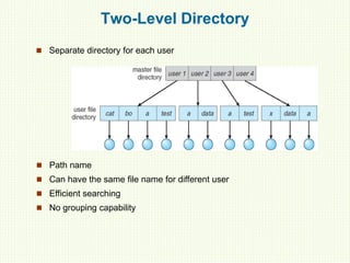 Two-Level Directory
 Separate directory for each user
 Path name
 Can have the same file name for different user
 Efficient searching
 No grouping capability
 