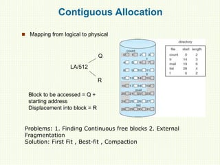 Contiguous Allocation
 Mapping from logical to physical
LA/512
Q
R
Block to be accessed = Q +
starting address
Displacement into block = R
Problems: 1. Finding Continuous free blocks 2. External
Fragmentation
Solution: First Fit , Best-fit , Compaction
 