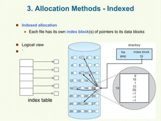 3. Allocation Methods - Indexed
 Indexed allocation
 Each file has its own index block(s) of pointers to its data blocks
 Logical view
 `
index table
 