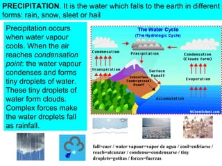 PRECIPITATION. It is the water which falls to the earth in different
forms: rain, snow, sleet or hail
Precipitation occurs
when water vapour
cools. When the air
reaches condensation
point: the water vapour
condenses and forms
tiny droplets of water.
These tiny droplets of
water form clouds.
Complex forces make
the water droplets fall
as rainfall.
fall=caer / water vapour=vapor de agua / cool=enfriarse /
reach=alcanzar / condense=condensarse / tiny
droplets=gotitas / forces=fuerzas
 