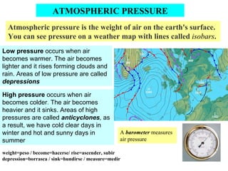 ATMOSPHERIC PRESSURE
Atmospheric pressure is the weight of air on the earth's surface.
You can see pressure on a weather map with lines called isobars.
Low pressure occurs when air
becomes warmer. The air becomes
lighter and it rises forming clouds and
rain. Areas of low pressure are called
depressions
High pressure occurs when air
becomes colder. The air becomes
heavier and it sinks. Areas of high
pressures are called anticyclones, as
a result, we have cold clear days in
winter and hot and sunny days in
summer
weight=peso / become=hacerse/ rise=ascender, subir
depression=borrasca / sink=hundirse / measure=medir
A barometer measures
air pressure
 