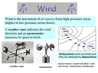 Wind is the movement of air masses from high pressure areas
(highs) to low pressure areas (lows).
A weather vane indicates the wind
direction and an anemometer
measures its speed in km/h.
weather vane anemometer
Anticyclones send out winds and
they are attracted by depressions
masses=masas / speed=velocidad / send
out=enviar / attracted by=atraídos por
 