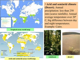 • Arid and semiarid climate
(Desert). Annual
precipitation: less than 250
mm (scarce rainfalls). Annual
average temperature over 20º
C, big difference between day
and night temperatures.
Example: Cairo.
Tropical areas world map
Arid and semiarid areas world map
rainforest desert
 