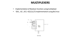 MULTIPLEXERS
• Implementation of Boolean function usingmultiplexer
• f(A1 , A2 , A3 ) =Σ(3,5,6,7) implementation using 8x1mux
 