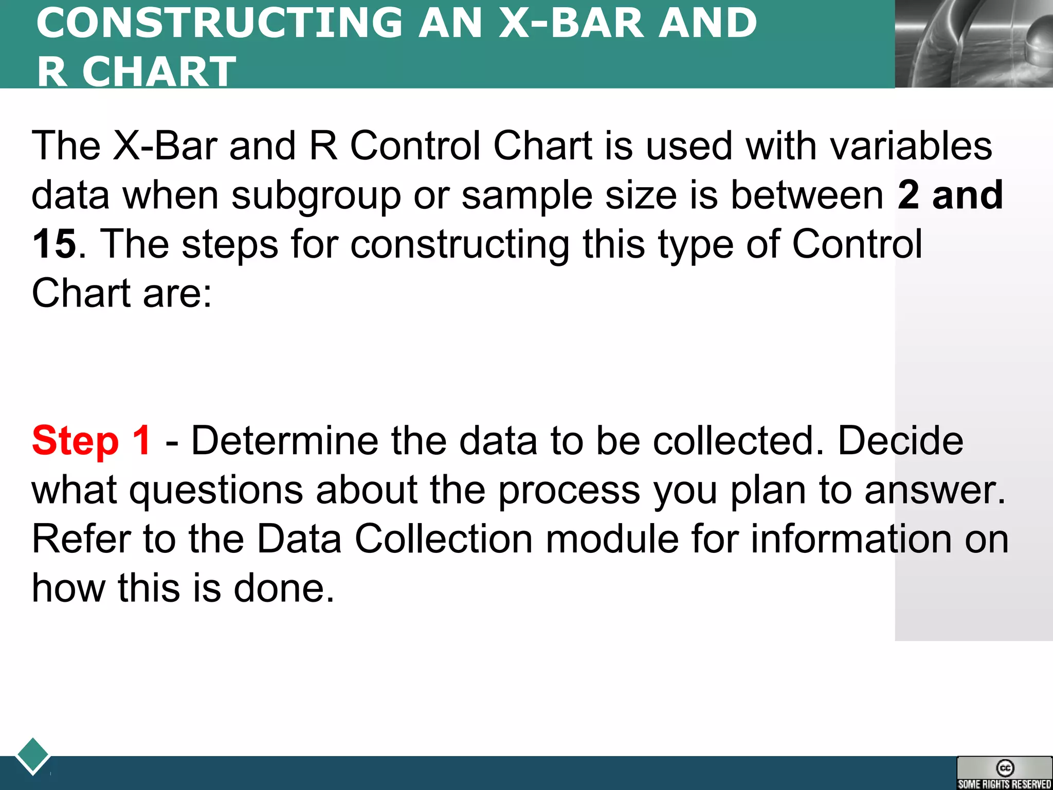 LOGO
CONSTRUCTING AN X-BAR AND
R CHART
The X-Bar and R Control Chart is used with variables
data when subgroup or sample size is between 2 and
15. The steps for constructing this type of Control
Chart are:
Step 1 - Determine the data to be collected. Decide
what questions about the process you plan to answer.
Refer to the Data Collection module for information on
how this is done.
 