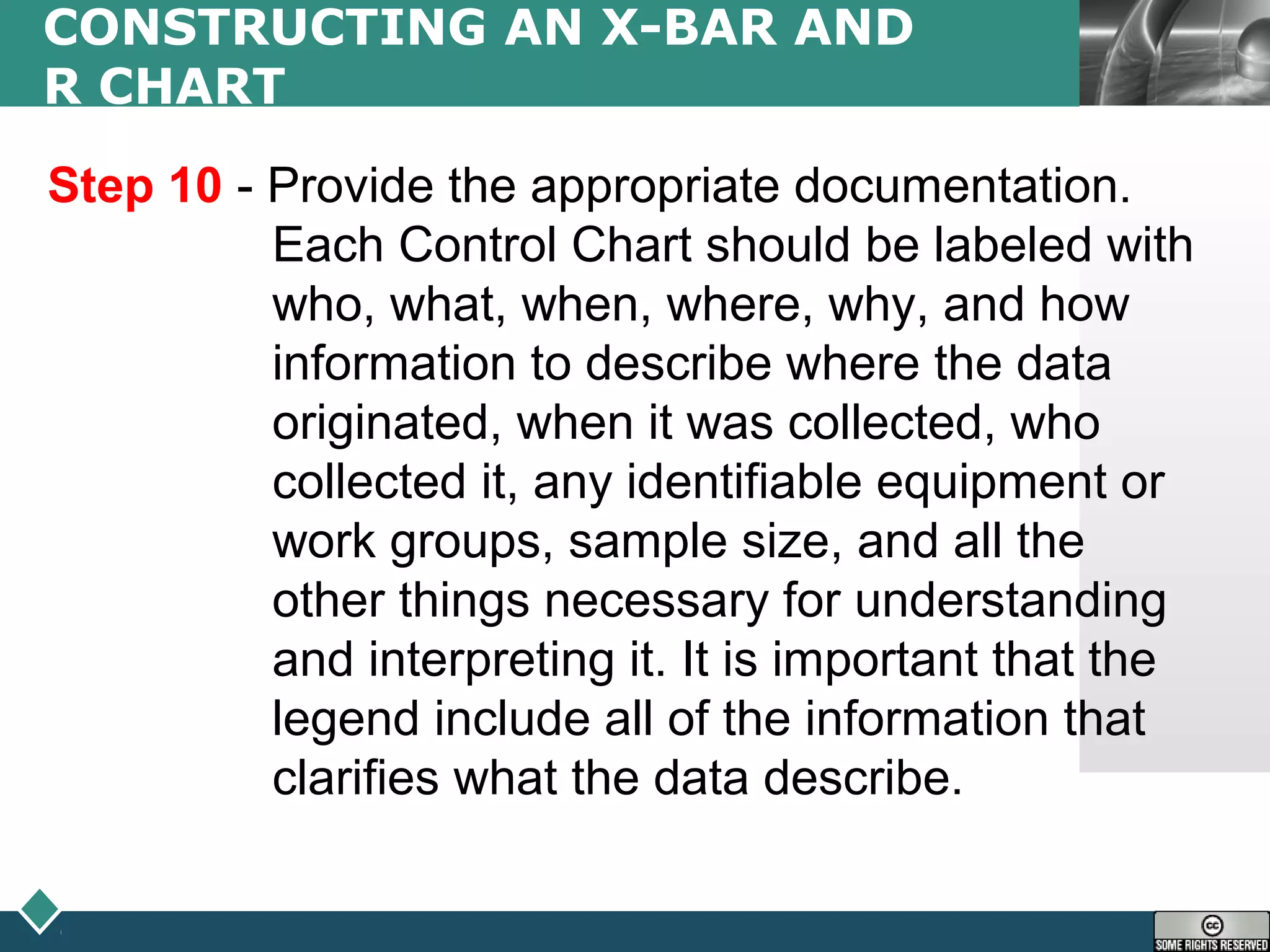 LOGO
CONSTRUCTING AN X-BAR AND
R CHART
Step 10 - Provide the appropriate documentation.
Each Control Chart should be labeled with
who, what, when, where, why, and how
information to describe where the data
originated, when it was collected, who
collected it, any identifiable equipment or
work groups, sample size, and all the
other things necessary for understanding
and interpreting it. It is important that the
legend include all of the information that
clarifies what the data describe.
 