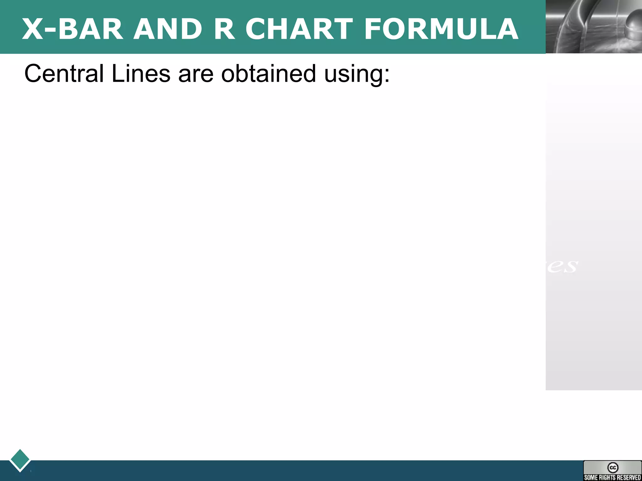 LOGOX-BAR AND R CHART FORMULA
1 1
g g
i i
i i
i
i
X R
X and R
g g
where
X average of subgroup averages
X average of the ith subgroup
g number of subgroups
R average of subgroup ranges
R range of the ith subgroup
= =
= =
=
=
=
=
=
∑ ∑
Central Lines are obtained using:
 