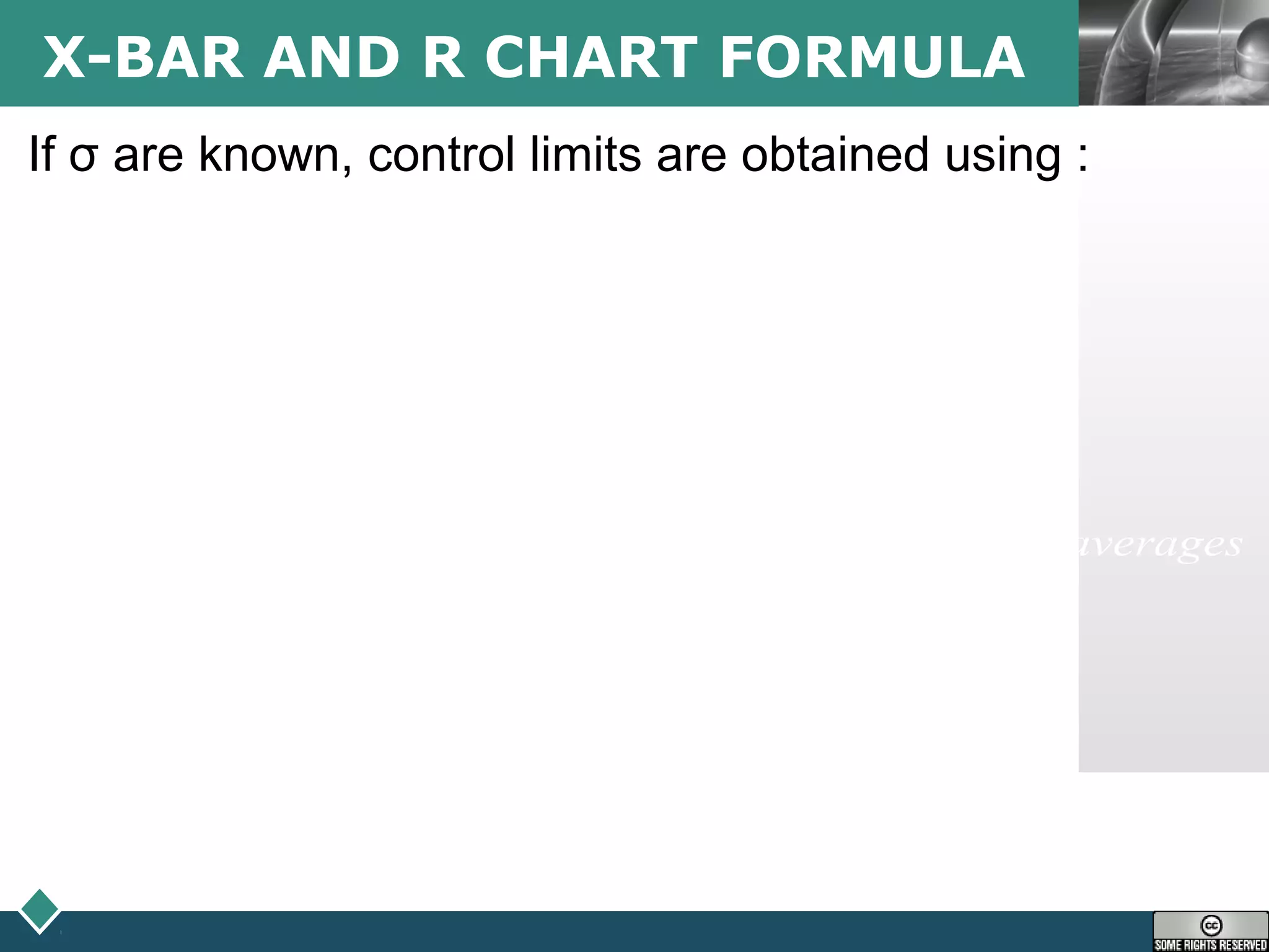 LOGOX-BAR AND R CHART FORMULA
3 3
3 3
R RX X
R RX X
X
R
UCL X UCL R
LCL X LCL R
where
UCL=upper control limit
LCL=lower control limit
population standard deviation of the subgroup averages
population standard deviation of the range
σ σ
σ σ
σ
σ
= + = +
= − = −
=
=
If σ are known, control limits are obtained using :
 
