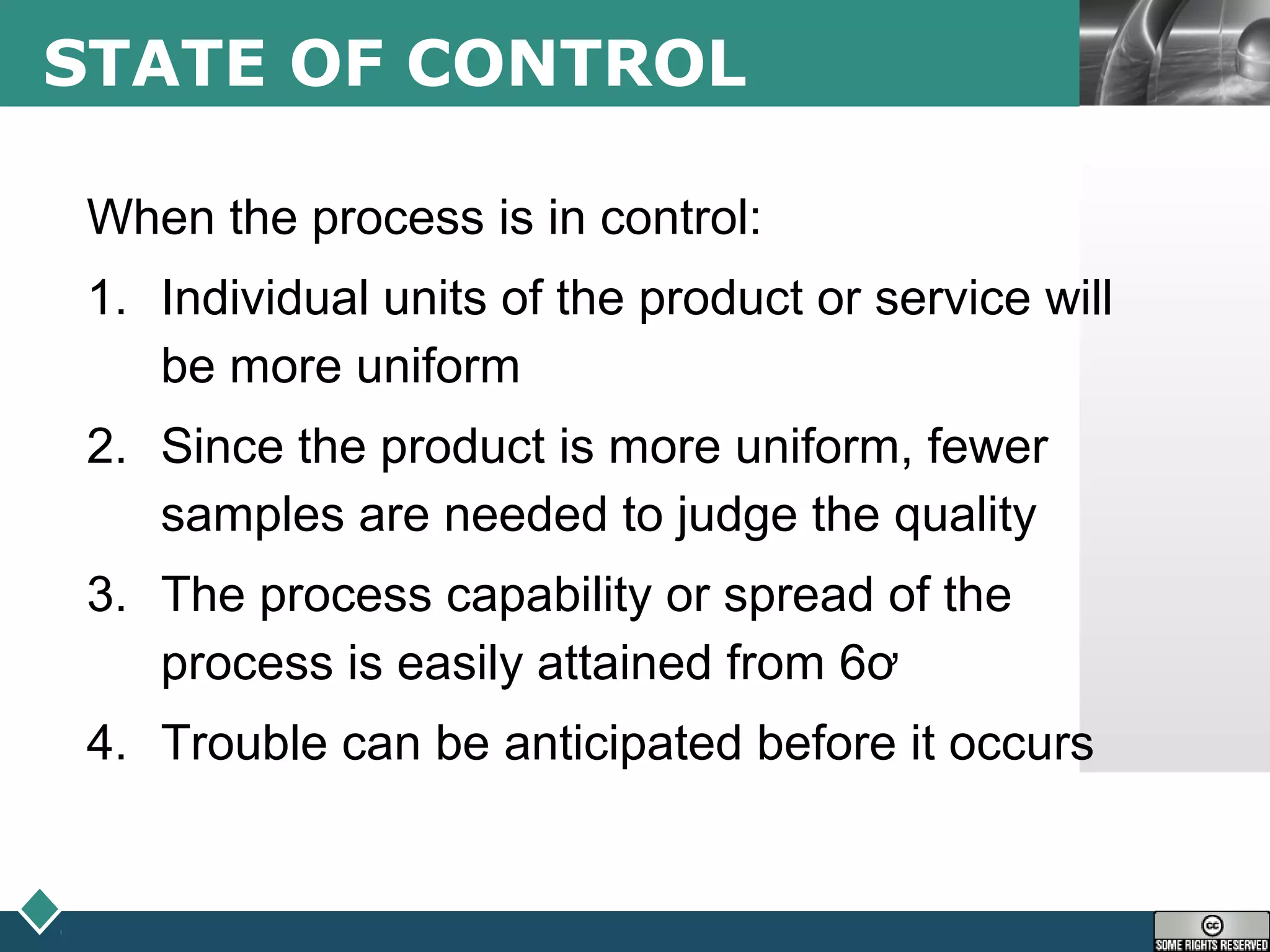 LOGOSTATE OF CONTROL
When the process is in control:
1. Individual units of the product or service will
be more uniform
2. Since the product is more uniform, fewer
samples are needed to judge the quality
3. The process capability or spread of the
process is easily attained from 6ơ
4. Trouble can be anticipated before it occurs
 