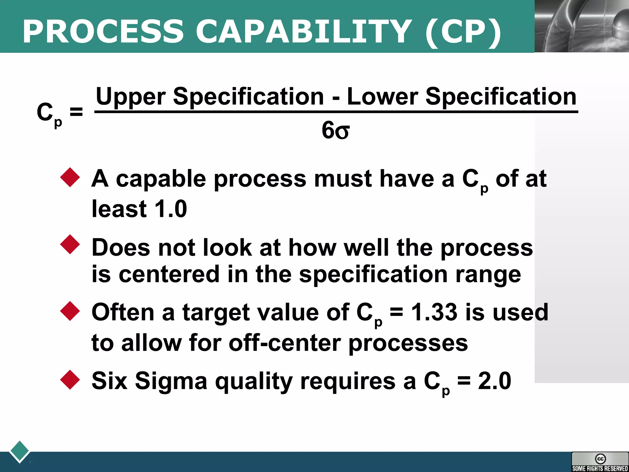 LOGOPROCESS CAPABILITY (CP)
Cp =
Upper Specification - Lower Specification
6σ
 A capable process must have a Cp of at
least 1.0
 Does not look at how well the process
is centered in the specification range
 Often a target value of Cp = 1.33 is used
to allow for off-center processes
 Six Sigma quality requires a Cp = 2.0
 