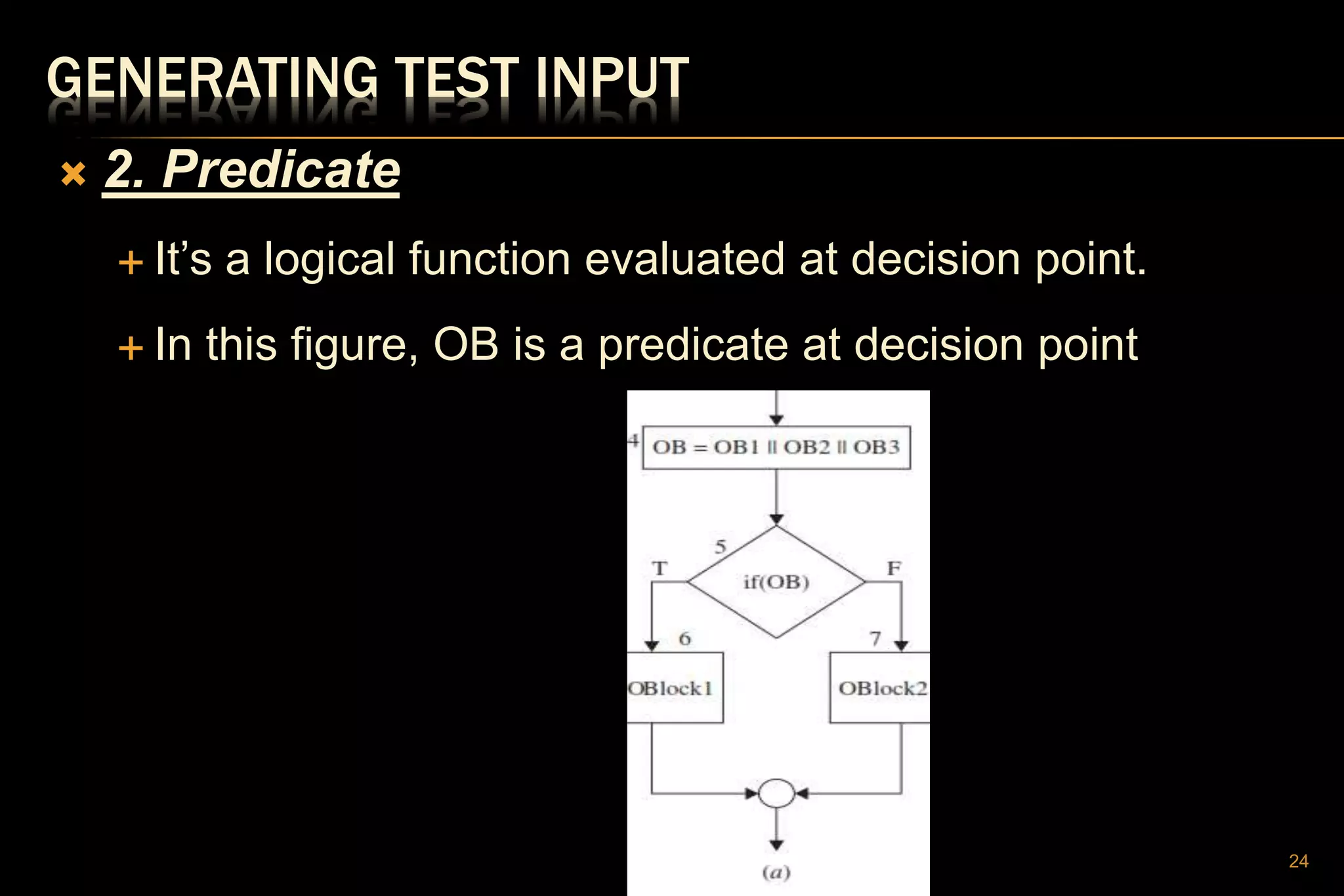 GENERATING TEST INPUT
 2. Predicate
 It’s a logical function evaluated at decision point.
 In this figure, OB is a predicate at decision point
24
 