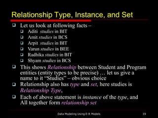 Relationship Type, Instance, and Set
Data Modeling Using E-R Models 19
 Let us look at following facts –






Aditi studies in BIT
Amit studies in BCS
Arpit studies in BIT
Varun studies in BEE
Radhika studies in BIT
Shyam studies in BCS



This shows Relationship between Student and Program
entities (entity types to be precise) … let us give a
name to it “Studies” – obvious choice
Relationship also has type and set, here studies is
Relationship Type,
Each of above statement is instance of the type, and
All together form relationship set
 
