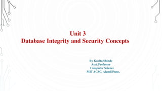 Unit 3
Database Integrity and Security Concepts
By Kavita Shinde
Asst. Professor
Computer Science
MITACSC, Alandi Pune.
 